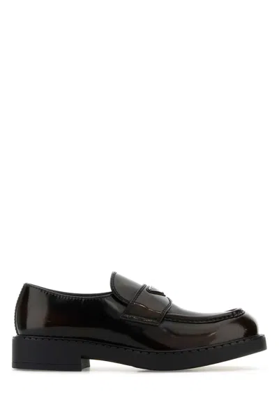 Prada Dark Brown Leather Chocolate Loafers In Black