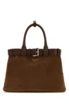 Prada Brown Buckle Belt Suede Medium Satchel Bag In Brown