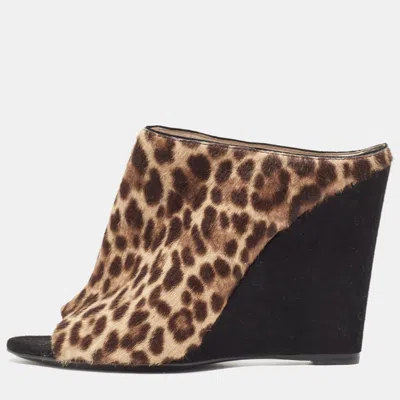 Pre-owned Prada Brown Calf Hair Wedge Sandals Size 37.5