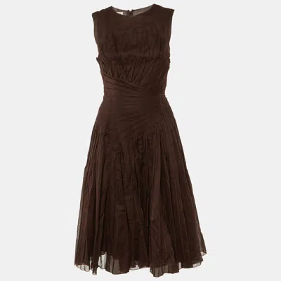 Pre-owned Prada Brown Cotton Pleated Detail Midi Dress S