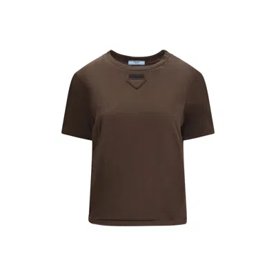 Prada Crew Neck T-shirt With Logo In Brown