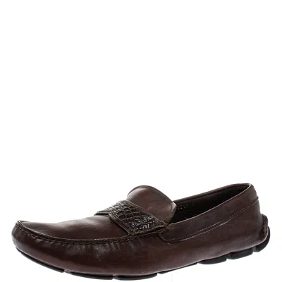 Pre-owned Prada Brown Croc And Leather Slip On Loafers Size 44.5