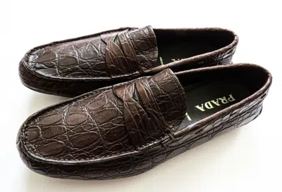 Pre-owned Prada Brown Crocodile Alligator Leather Shoes Penny Loafers 9 Us 42 Euro 8 Uk