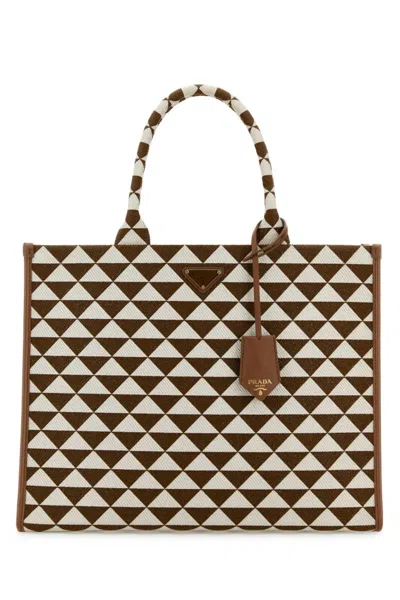 Prada Brown Embroidered Fabric Large Symbole Shopping Bag In Printed