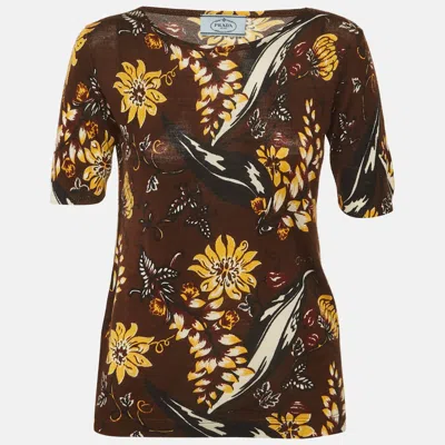 Pre-owned Prada Brown Floral Print Wool Knit Top S