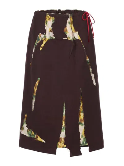 Prada Brown Gabardine Midi Skirt In Multi