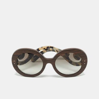 Pre-owned Prada Brown Gradient Spr 27r Wooden Baroque Round Sunglasses