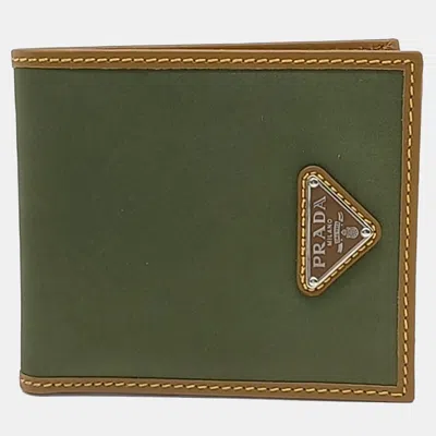 Pre-owned Prada Brown Green Leather Fabric Bi-fold Wallet