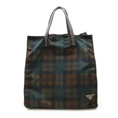 Pre-owned Prada Brown Green Multi-color Nylon Leather Handbag Tote Bag ()