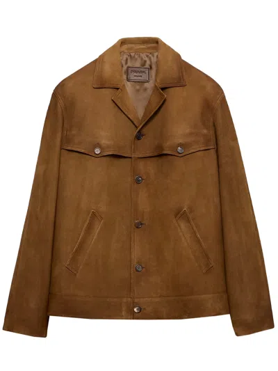 PRADA PRADA BROWN LAMB SKIN LEATHER BLOUSON