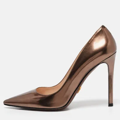 Pre-owned Prada Brown Laminated Leather Pointed Toe Pumps Size 37.5