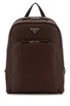 Prada Leather Backpack With Top Handle And Front Zip Pocket In Brown