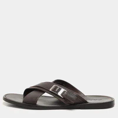 Pre-owned Prada Brown Leather Crisscross Slide Sandals Size 43.5
