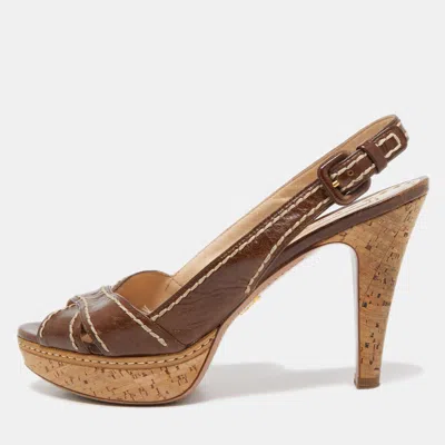 Pre-owned Prada Brown Leather Cross Strap Open Toe Cork Platform Slingback Sandals Size 40