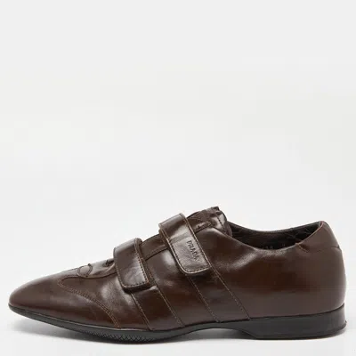 Pre-owned Prada Brown Leather Double Velcro Low Top Sneakers Size 43