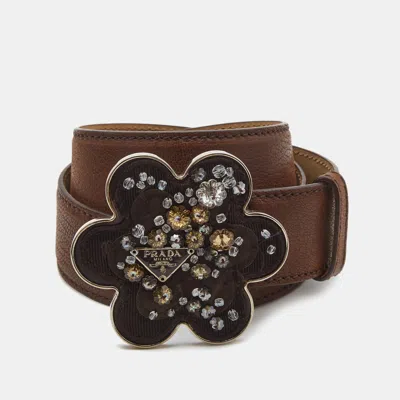 Pre-owned Prada Brown Leather Floral Embellished Metal Belt 85cm