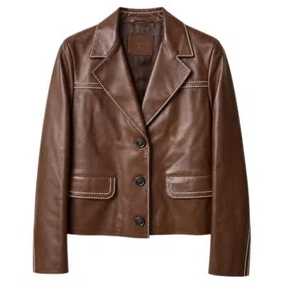 Pre-owned Prada Brown Leather Jacket With Topstitch Trim