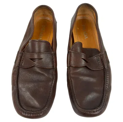 Pre-owned Prada Brown Leather Moccasins Flat Shoes, Size 11