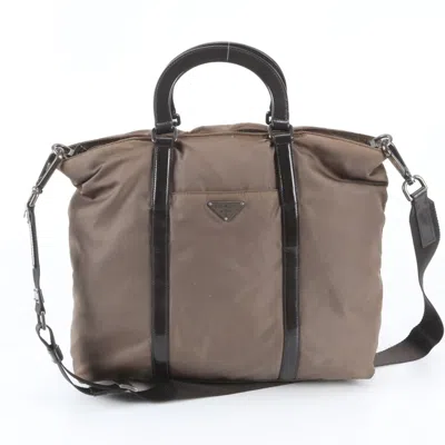Pre-owned Prada Brown Leather Nylon Shoulder Bag Tote Bag ()