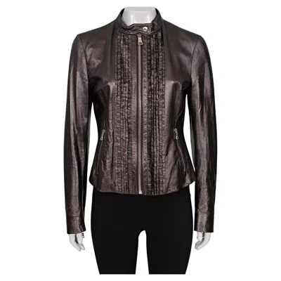 Pre-owned Prada Brown Leather Ruffle Jacket - Size Xl (it46)