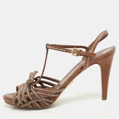 Pre-owned Prada Brown Leather Strappy Slingback Sandals Size 39.5