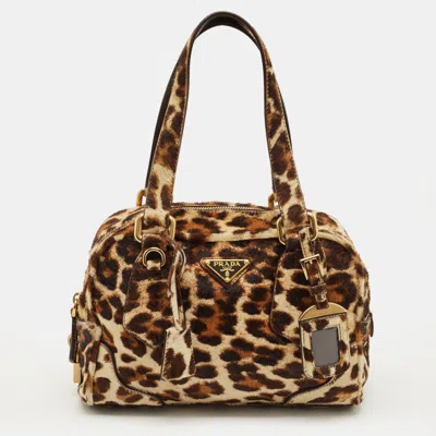 Pre-owned Prada Brown Leopard Print Calfhair Boston Bag