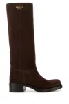 Prada Suede Knee-high Block Heel Boots In Brown