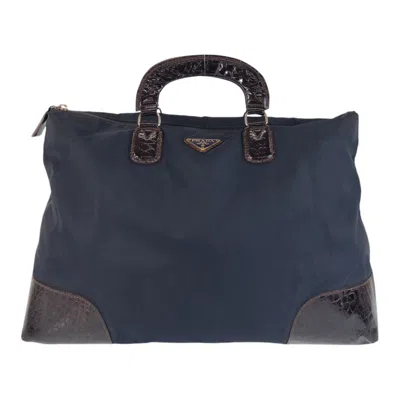 Pre-owned Prada Brown Navy Nylon Leather Handbag Tote Bag ()