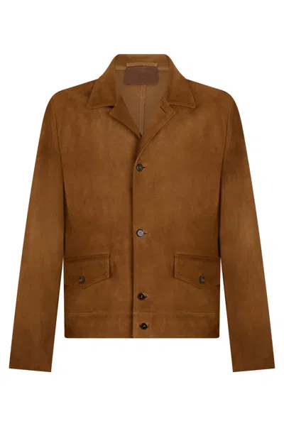 Prada Short Jacket In Suede Leather In Brown