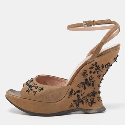 Pre-owned Prada Brown Nubuck Leather Embellished Wedge Ankle Strap Sandals Size 37.5