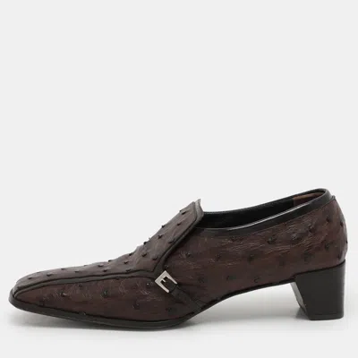 Pre-owned Prada Brown Ostrich Leather Belted Loafers Size 40.5