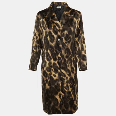Pre-owned Prada Brown Printed Silk Satin Button Front Coat S In Black