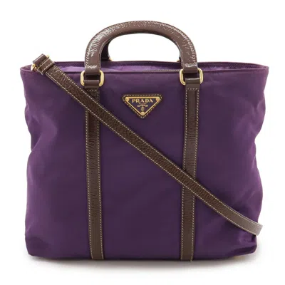 Pre-owned Prada Brown Purple Nylon Patent Leather Handbag Shoulder Bag Tote Bag ()