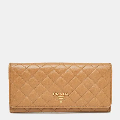 Pre-owned Prada Brown Quilted Saffiano Metal Leather Logo Flap Wallet