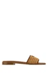 Prada Triangle Logo Raffia Flat Slide Sandals In Brown