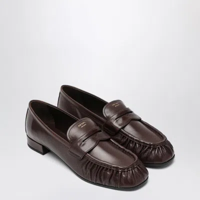 Prada Brown Ruched Loafers With Logo