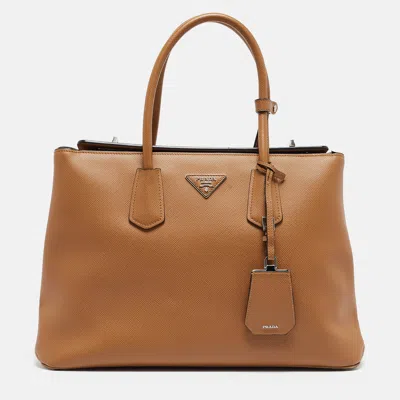 Pre-owned Prada Brown Saffiano Cuir Leather Turnlock Twin Tote