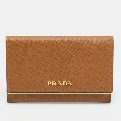 Pre-owned Prada Brown Saffiano Leather Flap Card Holder
