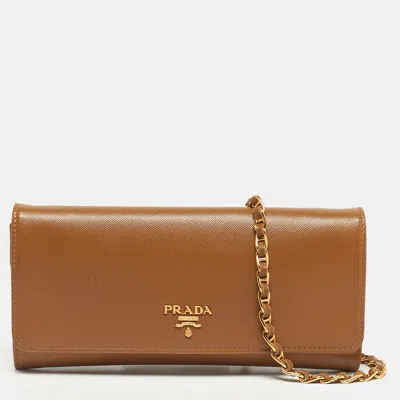 Pre-owned Prada Brown Saffiano Metal Leather Wallet On Chain