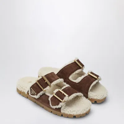 Prada Brown Suede And Shearling Slides