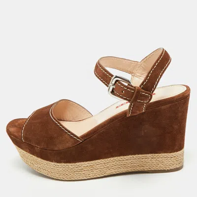 Pre-owned Prada Brown Suede Ankle Strap Wedge Sandals Size 38.5