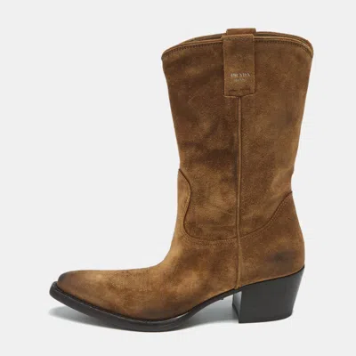 Pre-owned Prada Brown Suede Cowboy Boots Size 37