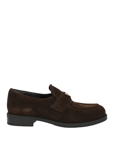 Prada Enamel Triangle-logo Suede Loafers In Brown
