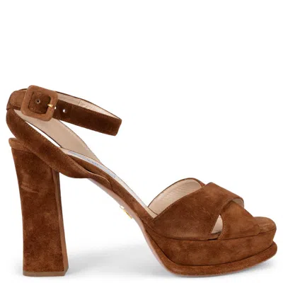 Pre-owned Prada Brown Suede Platform Ankle Strap Sandals Shoes 40