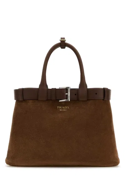 PRADA PRADA BROWN SUEDE PRADA BUCKLE MEDIUM HANDBAG