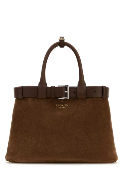 Prada Brown Suede  Buckle Medium Handbag In Cacao