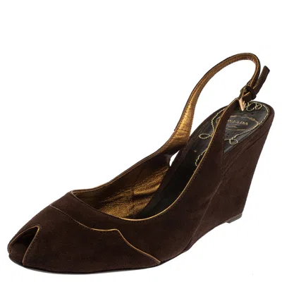 Pre-owned Prada Brown Suede Wedge Peep Toe Sandals Size 41