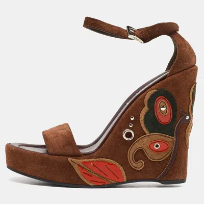 Pre-owned Prada Brown Suede Wedge Platform Ankle Strap Sandals Size 36.5