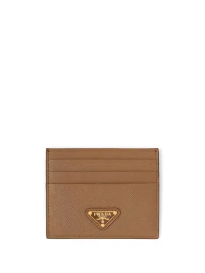 Prada Triangle Logo Saffiano Leather Cardholder In Caramel 0