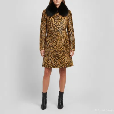 Pre-owned Prada Brown Tiger Print Fur Collar Mid Length Coat M